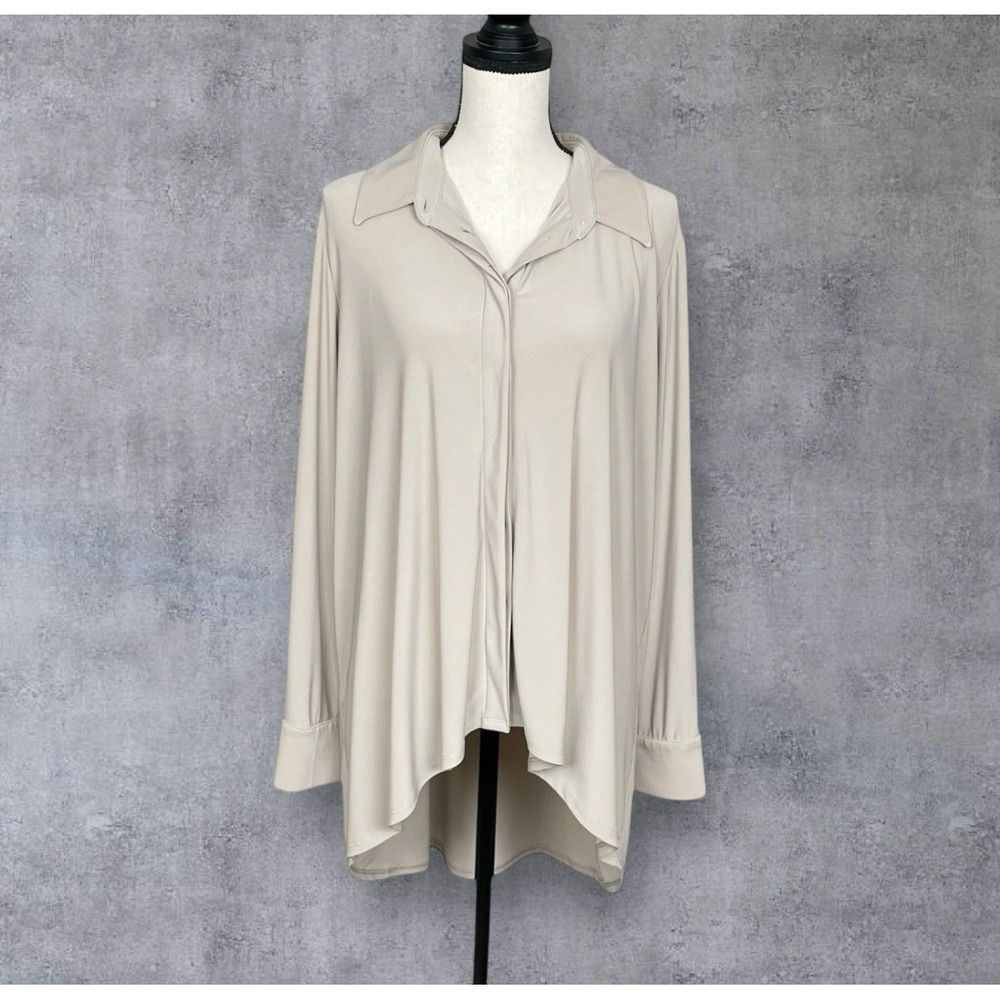 Marla Wynne High Low Button Up Blouse Top Womens 1X Neutral Minimalist Lagom USA